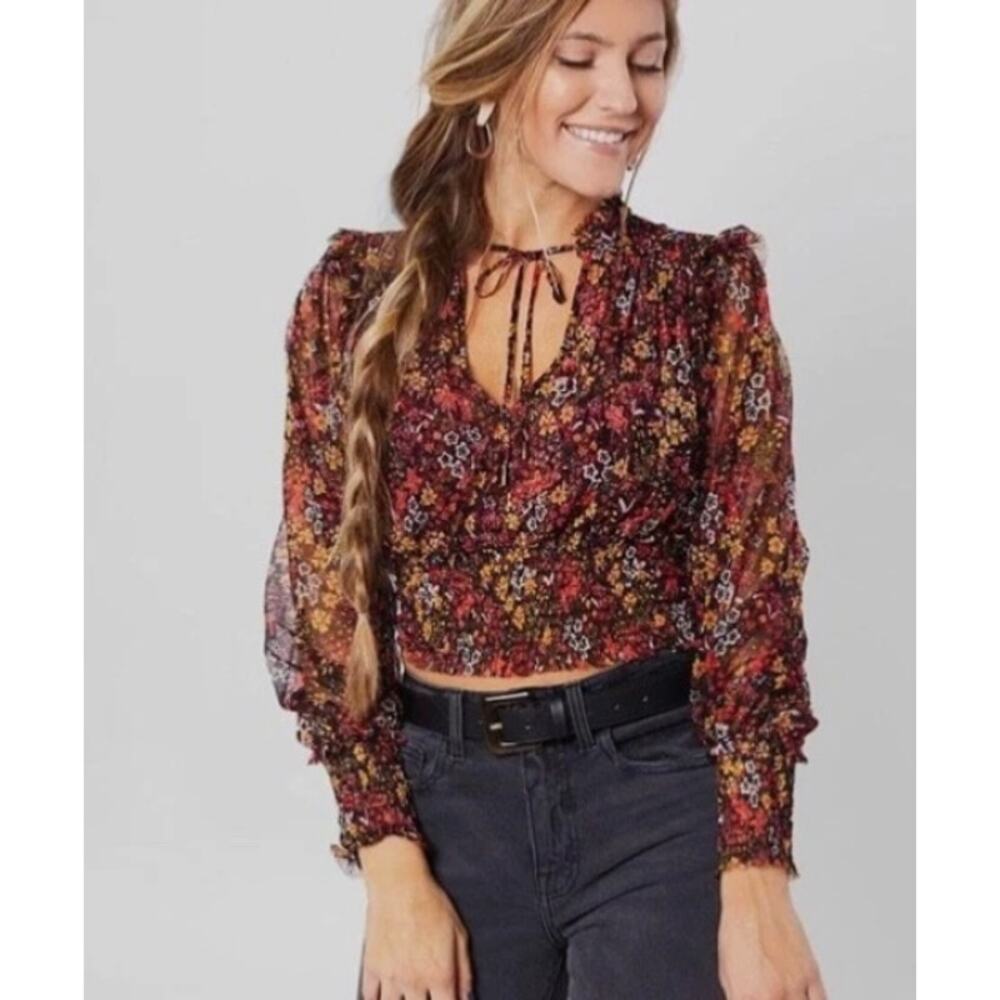 Free People Twyla Mesh Cropped Blouse Top Black Floral Medium Boho Romantic